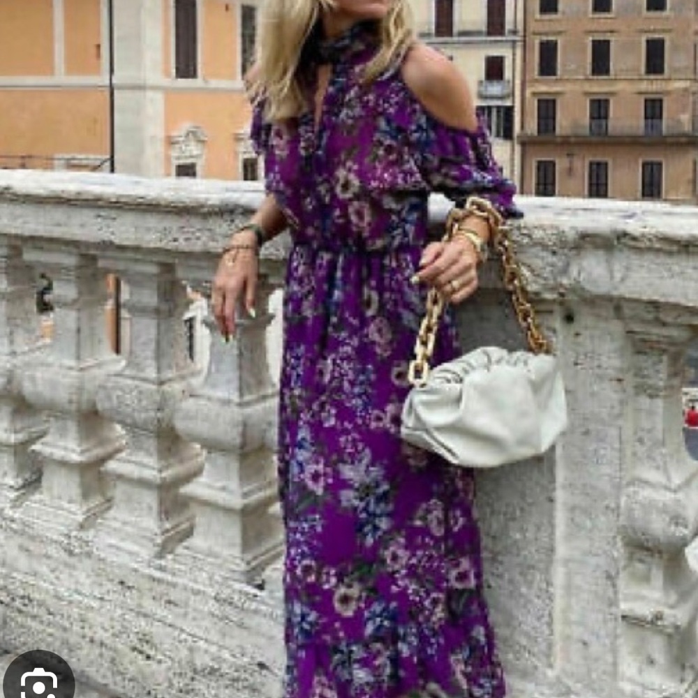 Zara purple floral open shoulder maxi dress